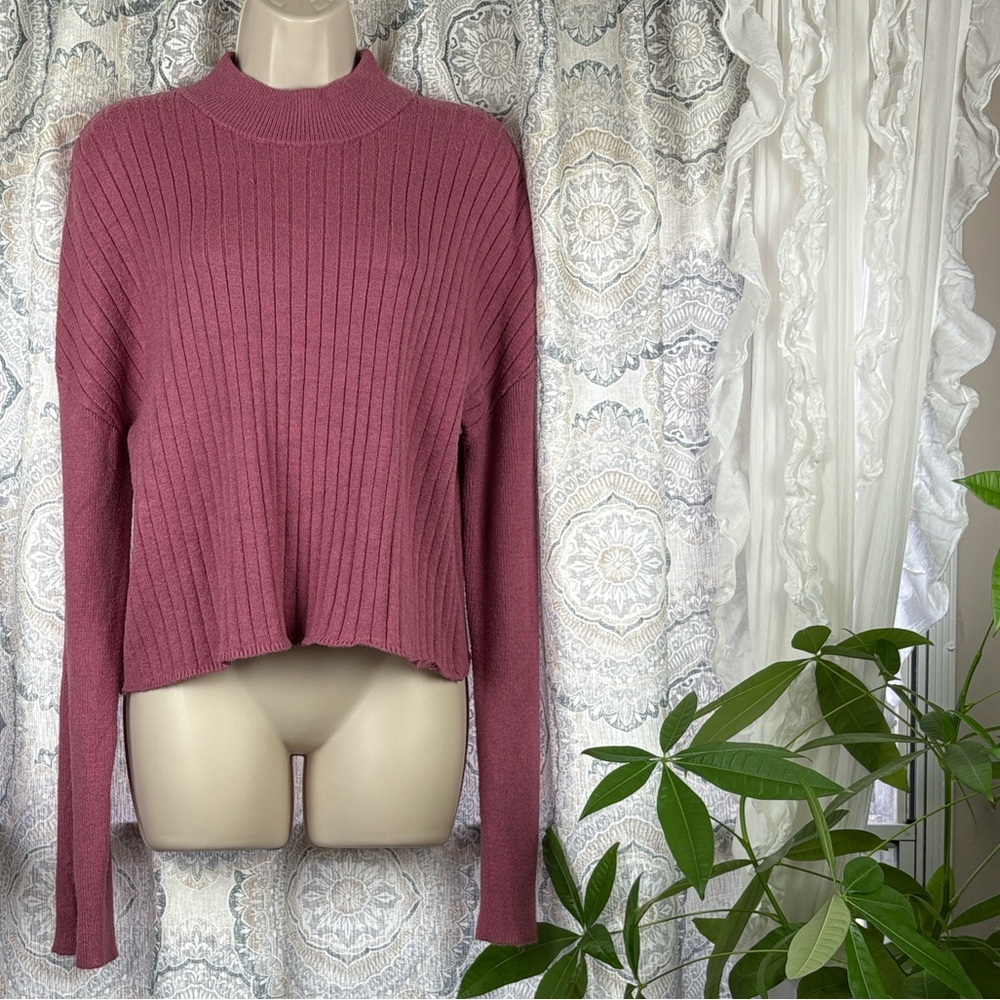 LA Hearts Women's Mauve Ribbed Knit Mock Neck Cropped Sweater Pullover Med